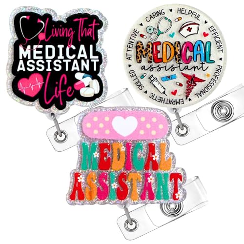 3PC Medical Assistant Badge Reel Cute Glittery Bandage Stethoscope Syringe Pill MA CMA RMA Work Clinic ID Name Badge Holder Accessories Gift for Healthcare Workers Hospital Staff Professionals