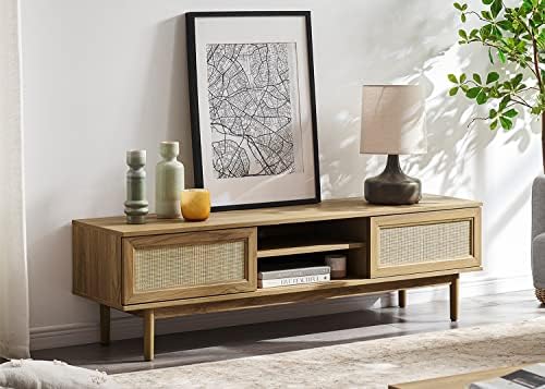 mopio Haylee TV Stand, 59" Modern Boho Farmhouse Entertainment Center, Natural Rattan TV Console, TV Stand with Storage, Media Console, for Living Room (Natural Oak)