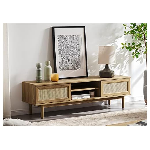 mopio Haylee Farmhouse Rattan 59" TV Stand, 100% Natural for 55/60 inch TV, Modern Farmhouse Boho with Rattan Sliding Doors, Adjustable Shelves, Includes Leveler (Natural Oak)