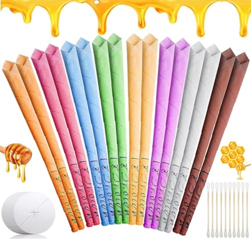 16 Pezzi Candele per orecchie, kit per la rimozione del cerume, Coni per orecchie auricolari in cera d'api 100% naturale, dischi protettivi, candele auricolari detergenti per il relax (8 fragranze)