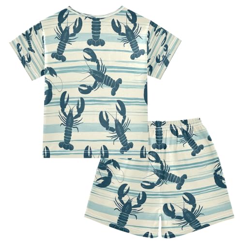 Pajama Sets Short Sleeve Lobster Pattern on Blue Background Soft Cotton Summer Sleepwear 2 Piece PJS Size 5-14T2