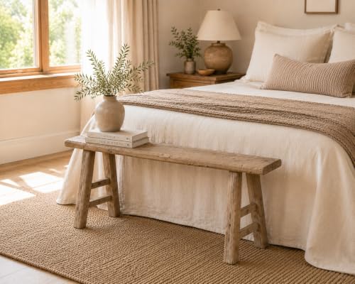 Image of Artissance Handmade Wooden Entryway Bench, Vintage Noodle Bench for Living Room, Bedroom, or Entryway, End of Bed Bench, Weathered Natural Wood Bench Indoor Farmhouse Decor