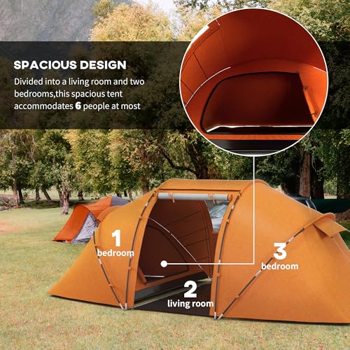 Outsunny 4-6 Man Camping Tent with Living Area and 2 Bedrooms, Hiking Sun Shelter, UV Protection Tunnel Tent, Orange - Image 3