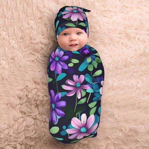 Purple Camellia Print Newborn Swaddle Blanket with Beanie Set, Soft Baby Sleep Sack Receiving Wraps, for Boy Girl 5