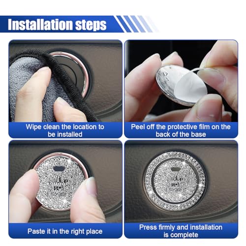 Image of KITUREK Bling Crystal Car Engine Start Ring Sticker, White2 | Rhinestone Push Start Button Decorative Cover, Anti-Scratch Key Ignition & Knob Bling Ring Car Interior Accessories for Women