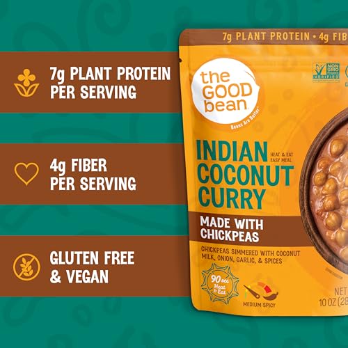 Image of The Good Bean Heat and Eat Pouch - Indian Coconut Curry - (4 Pack) 10 oz Pouch - Simmered Chickpeas with Coconut Milk - Pre-Cooked Beans with Good Source of Plant Protein and Fiber