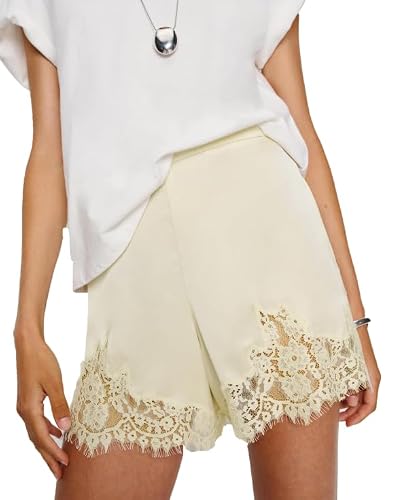 Satin Silk Shorts Women Y2K Low Rise Lace Trim Pajama Mini Micro Shorts Silky French Knickers Half Slip Pjs Bottom (Elegant Champagne, S)