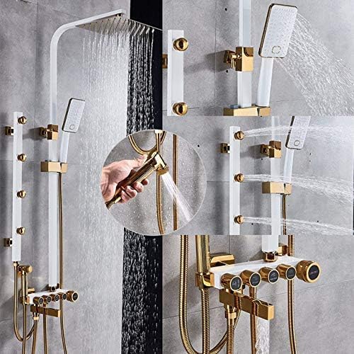 GLJTUO Quyanre White Black Gold Shower Faucets Set 9" Rainfall Shower Head 3-Way Brass Mixer Tap with Shelf Tub Spout Bathroom Shower,White Golden,Chrome,White Golden