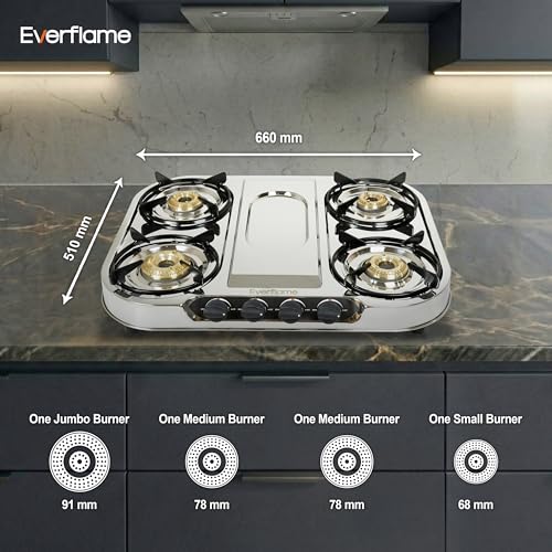 Image of Everflame Swift 4 Burner Gas Stove | Stainless Steel Body | Burners | Gas Saver Technology | Manual Ignition | 360 Brass Nozzle | 2 Years Manufacturer Warranty