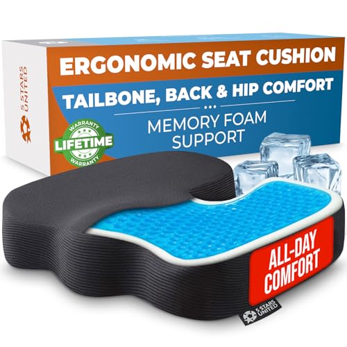 5 Star United Memory-Foam Sitzkissen – Ergonomisches Steißbeinkissen für Bürostuhl, Ischias- & Rückenschmerzlinderung, rutschfest, Tragbar, Waschbarer Bezug – Arctic Black