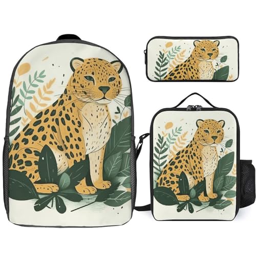 3 Piece Backpack for Women Men Lightweight Causal Daypack Shoulder Bag Set with Insulated Lunch Bag And Pencil Case Organizers Animals on Leaves