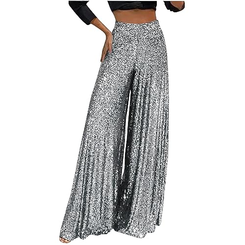 XUNRYAN Sequin Pants Womens Disco Outfits Glitter Sparkly Wide Leg Pants Flowy Boho Trousers Hippie Clothes Concert Clubwear Silver
