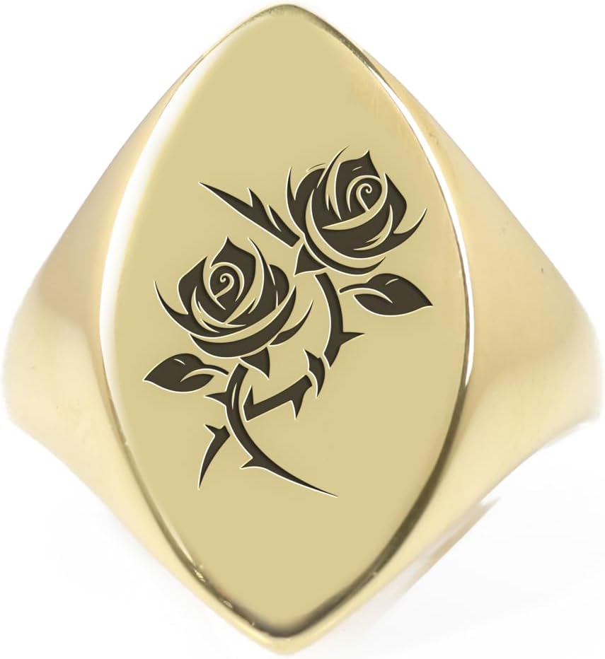 Gothic Rose Engraved Signet - 14k Gold Marquise Shaped Ring - Bold Statement Jewelry