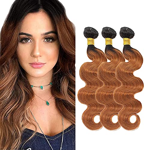 20 22 24 Inch 1b/30 Ombre Human Hair Bundles Brown Ombre Weave Human Hair 1b/30 Two Tone Human Hair 3 Bundles Dark Roots Body Wave Bundle 8A Uprocessed Hair Extensions(20 22 24)Inch
