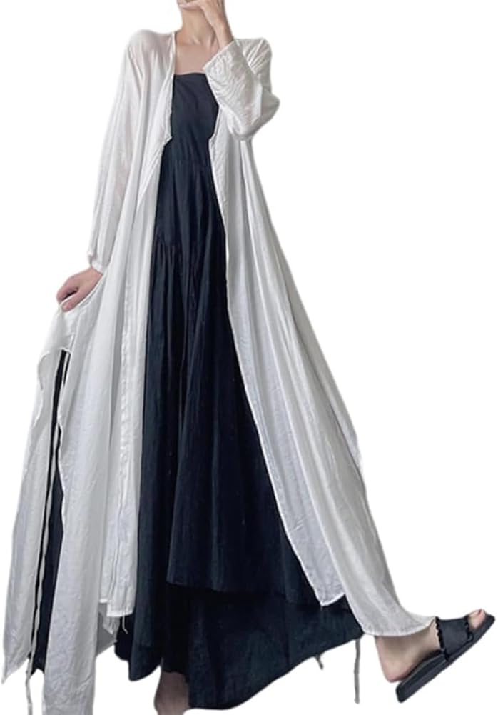 PRINCESS BRIDE Cárdigan largo de lino y algodón blanco Zen para mujer, holgado, irregular, fluido, manga larga, parte delantera abierta, gabardina ligera para mujer, talla única