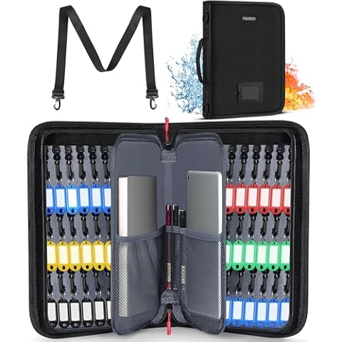 PEKREWS Key Organizer Case - Fireproof & Waterproof Key Bag with 54 Key Tags - Large Portable Zippered Key Storage Box for House, Office, Property Management - Handle & Shoulder Strap Included Cover