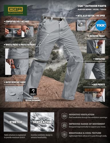 CQR Men's Convertible Cargo Tactical Pants, Water Resistant Outdoor Hiking Pants, Zip Off Lightweight Stretch Work Pants, Runyon Cargo W/Belt Stone, 34W x 32L