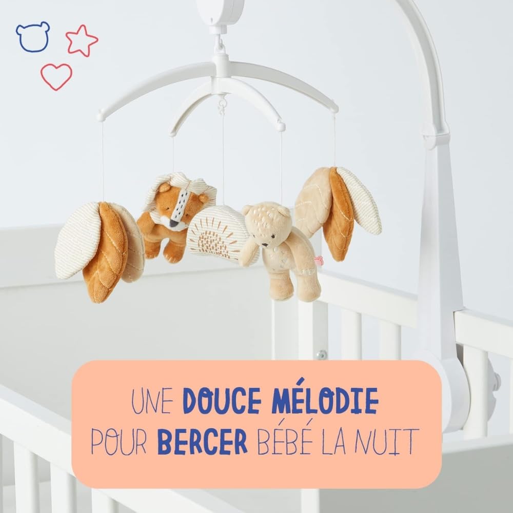 Noukie's - Babou & Kendi Pastelowa drewniana karuzela muzyczna - karuzela do łóżeczka dziecięcego z boksem, kojec - inspirująca gra