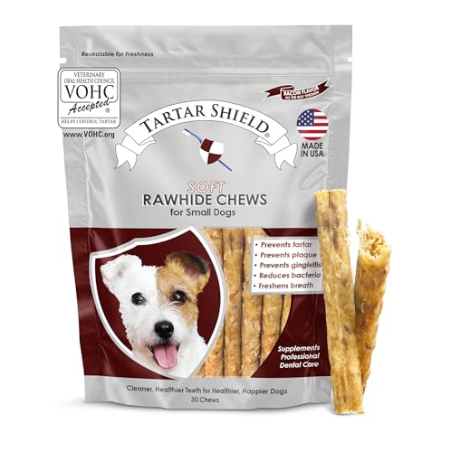 Tartar Shield Soft Rawhide Dental Chews for Small Dogs | VOHC Accepted | Reduces Tartar Controls Plaque & Freshens Breath | Vet Recommended | Bacon Flavor | USA Made | 30 Count