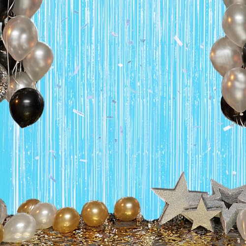 Image of DECOCKRAT 3 Pack Foil Fringe Backdrop - Pastel Blue Shiny Tinsel Curtains for Party Decoration /Photo Booth Props - 3.3x8.2 FT Metallic Foil Backdrop for Birthday, Wedding, Graduation, Christmas.