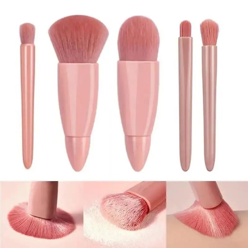 5Pcs Travel Size Makeup Brush Set with Mirror, Mini Portable Cosmetic Brush Kit for Foundation, Powder, Eyeshadow - Complete Function, Ideal for On-The-Go Makeup