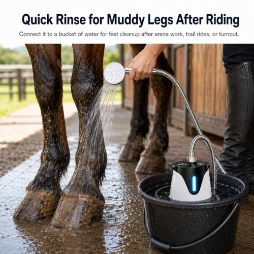 Bomba de ducha portátil para caballos para baño y enjuague – Kit de ducha recargable para equinos con pantalla digital de temperatura del agua, spray presurizado, motor silencioso y manguera para granero, remolque y potrero miniatura 3