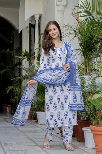 Image of PARTHVI Women's Cotton Printed Kurta Set with Pants & Dupatta | Elegant Ethnic Wear for Women | Floral Print | Comfortable Suit Set