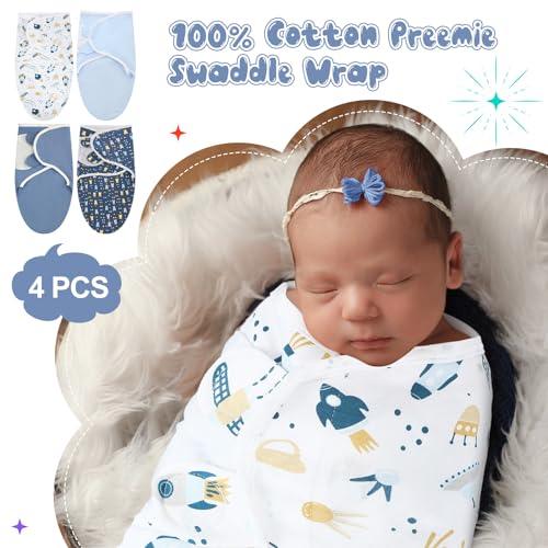 Image of Newwiee 4 Pcs Preemie Baby Swaddle Wrap Adjustable Cotton Swaddle Sleep Blanket for Preemie Boy Girl Improves Sleep Essentials(Bear Style)