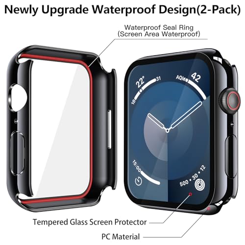 Image of Misxi [2 Pack] Waterproof Hard Case with Tempered Glass Compatible with Apple Watch Series 9 Series 8 Series 7 45mm, Ultra-Thin Protective Cover for iWatch Screen Protector, Jet Black