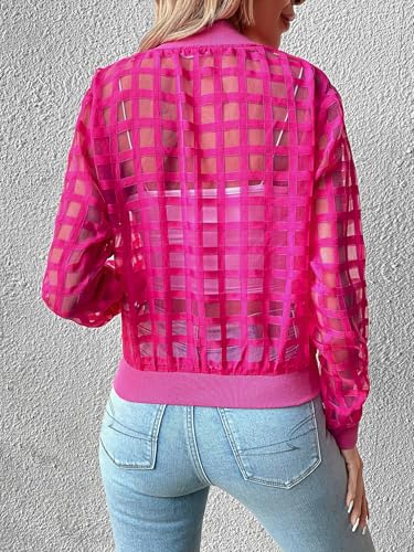 Floerns Women's Hollow Out Long Sleeve Baseball Collar Zip Up Bomber Jacket2