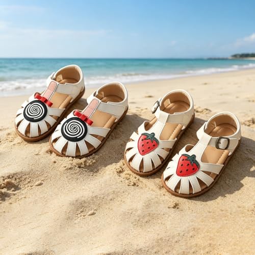 Image of Toddler Girl Sandals with Flower, Breathable Leather kids Closed Toe Sandals, Soft Rubber Non-Slip Summer Shoes for Little Girls 2-7 Years