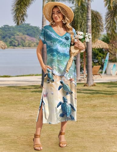 Image of Zeagoo Women Summer Floral Dress Short Sleeve Beach Dress with Pockets Casual V-Neck Split Long T-Shirt Dress Travel Vacation
