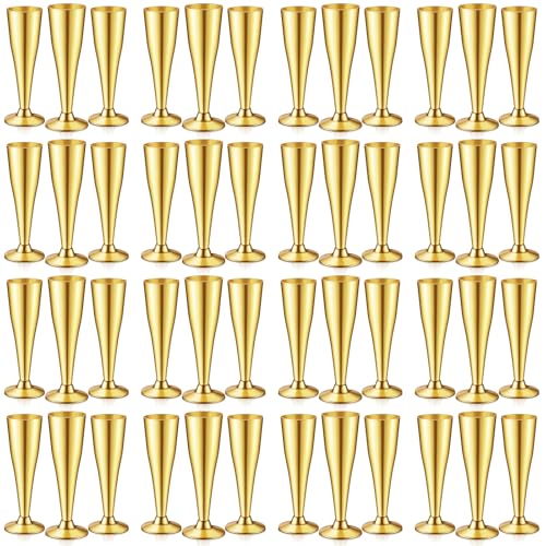 Hushee 100 Pcs Plastic Champagne Flutes 4.5 oz Gold Champagne Glasses Disposable Wine Toasting Cups for Wedding Birthday Cocktail Bridal Shower Graduation Event Party
