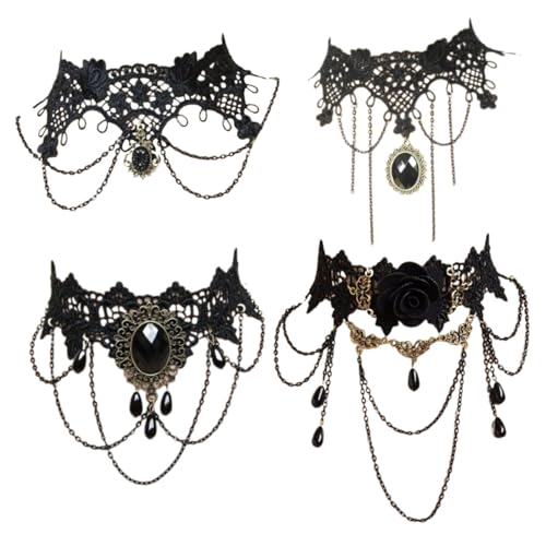 Lyivisk 4Pcs Gothic Halskette Set Schwarz Spitze Choker Damen Schmuck Gotisch Vintage Halsband für Halloween Karneval Cosplay und Abendmode