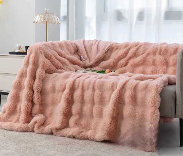 Manta de Lujo Plaid Rabbit, Pelo Sintético con Reverso Sherpa, Diseño Solido, 3 Tamaños: 125x155cm/160x220cm/220x240cm, Disponible en 6 Colores. (Rosa, 160x220cm)