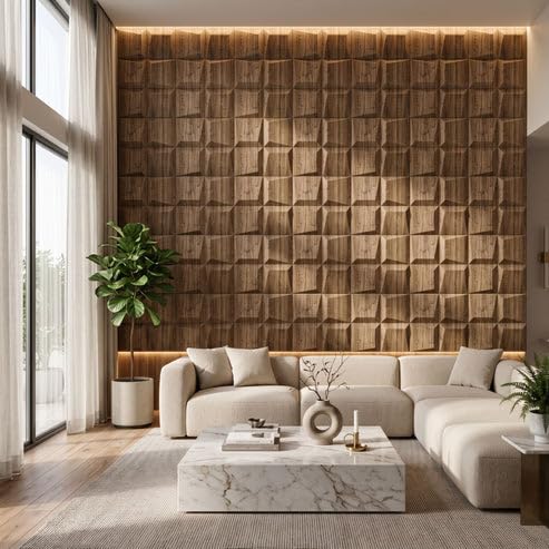 Image of Kayra Decor 3D PVC Wall Panels for Bedroom & Living Room | Cube Design | Oak Wood Color | 19.7 x 19.7 Inch | Pack of 40 | 107.6 Sq Ft
