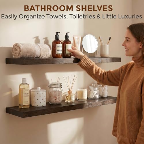 Image of Dreamland 36 Inch Long Floating Shelves Set of 2, Rustic Solid Elm Wood Floating Shelf Wall Mounted, 8 Inch Deep Wooden Wall Shelves for Living Room, Bedroom, Bathroom, Kitchen, Walnut