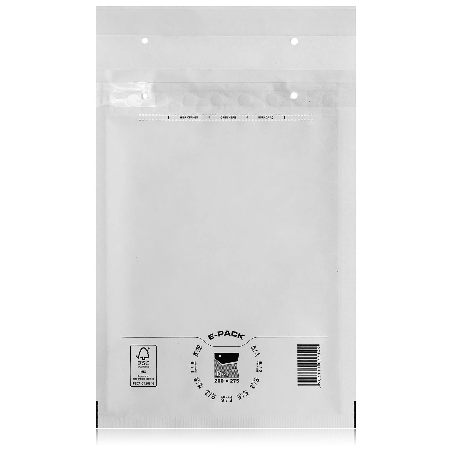 Buste imbottite a bolle d'aria E-PACK A1 B2 C3 D4 E5 F6 G7 H8 J9 I9 K10, colore bianco D/4 bianco 100 pezzi.