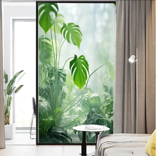 Privacy Window Film Green Plants Print Stained Glass Static Cling Window Treatments Window Coverings Glass Sticker Decorative Film for Siding Glass Door Home Decor 19.7