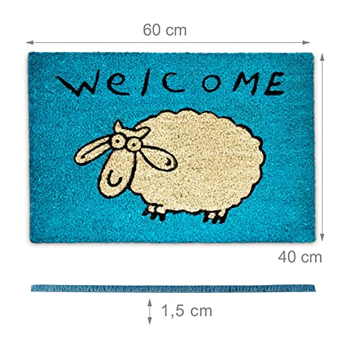 Relaxdays Fußmatte Kokos Schaf 40 x 60 cm Kokosmatte mit Rutschfester PVC Unterlage Fußabtreter aus Kokosfaser als Schmutzfangmatte und Sauberlaufmatte Fußabstreifer für Außen und Innen Matte, blau
