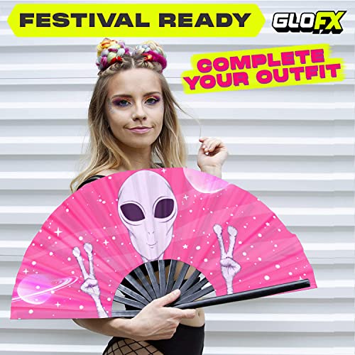 GloFX Rave Fan - Pink Alien - Large Folding Fan -Large Folding Fan for Rave Essentials, Festival Fans, and Alien Accessories - Hand Held Fan for Festival Outfits & EDM Vibes - Thumbnail 6
