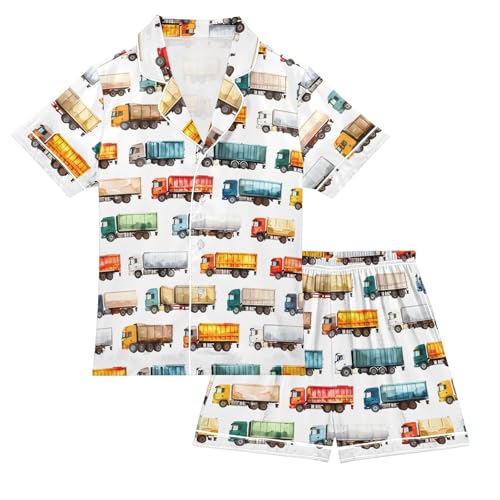 ALAZA Multicolor Truck Satin Pajamas Set Short Sleeve Button Down Sleepwear Summer Pjs 2 Piece