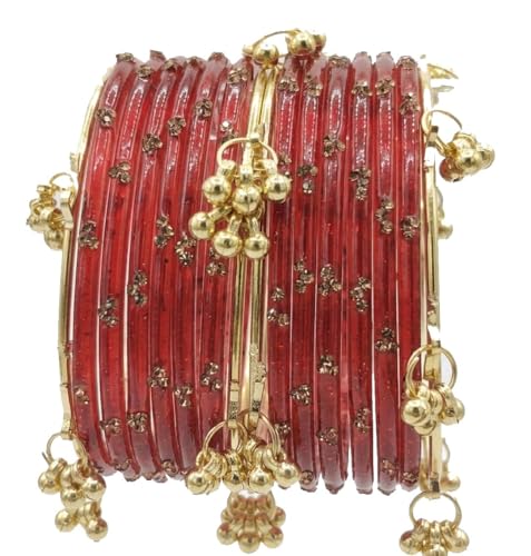 Image of NMII Viral Multi Colour Glass Bangles with Golden Ghungroo Charms & Stone Work For Women & Girls | Fancy Designer Glass Bangle | Traditional Chudi | Kanch Ki Churi | Stylish Ghungroo Bangle For Women