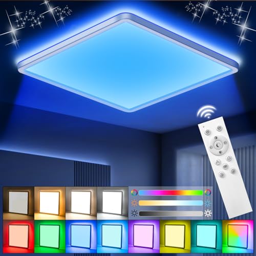 Plafoniera LED Soffitto Dimmerabile con Telecomando,24W Lampada da Soffitto LED 3000K~6500K 2800lm,Regolazione Della Luminosità a 10 Livelli,Plafoniere 7 RGB Colore,Lampadario Quadrata Moderna