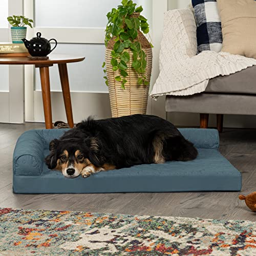 Image of Furhaven Cooling Gel Dog Bed for Large /Medium Dogs w / Removable Bolsters & Washable Cover, For Dogs Up to 55 lbs - Pinsonic Quilted Paw L Shaped Chaise - Bluestone, Large