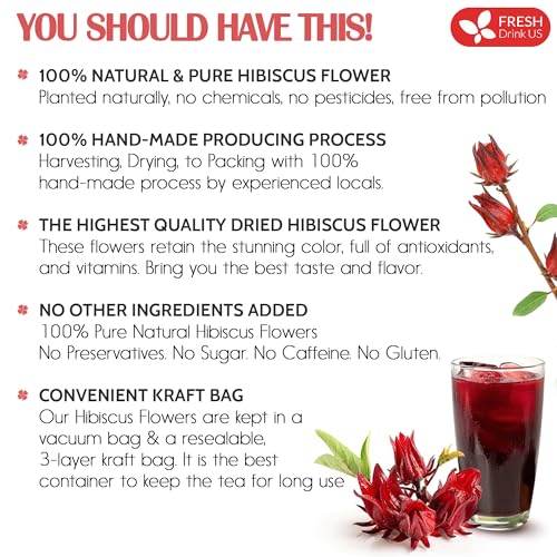 Image of FreshDrinkUS, 6oz Hibiscus Dried Flowers, 100% Natural, Pure from Hibiscus Flowers. Loose Flower Hibiscus Herbal Tea. Hibiscus Flower Tea. No Sugar, No Caffeine, No Gluten, Vegan.