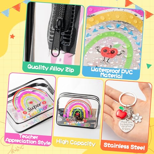 Y1tvei Teacher Appreciation Makeup Bag - 8Pcs Best Teacher Ever Teach Love Inspire Cosmetic Bag with Apple Keychain Waterproof Clear Makeup Pouch Travel Toiletry Bag Graduation Gift for Teacher
