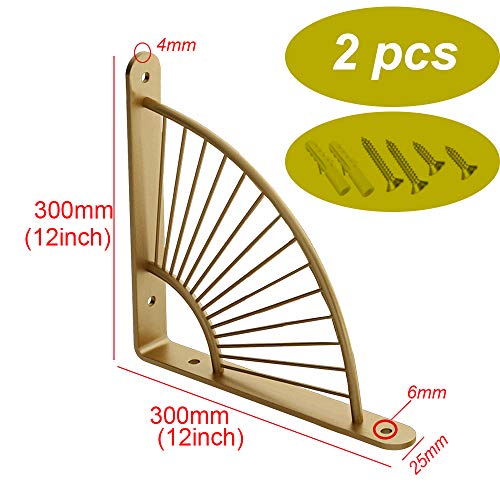 NWHJ 15cm/20cm/25cm/30cm Soporte Hierro Forjado para Baldas, Escuadra Pared Decorativa, Soporte De Estante De Metal Dorado, Forma De Abanico, 2 Piezas