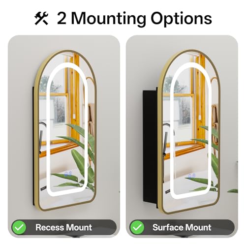 Botiquín de baño con espejo LED, espejo iluminado antivaho, montaje empotrado o superficial, sin necesidad de ensamblaje, botiquín de baño de pared (dorado, 31.5" H x 19.7" W) miniatura 5