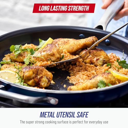 Image of Blue Diamond Ceramic Nonstick 14 inch Frying Pan Skillet, PFAS-Free Cookware, Jumbo Cooker with Helper Handle, For Large & Family Sized Meals, Dishwasher & Oven Safe, Blue